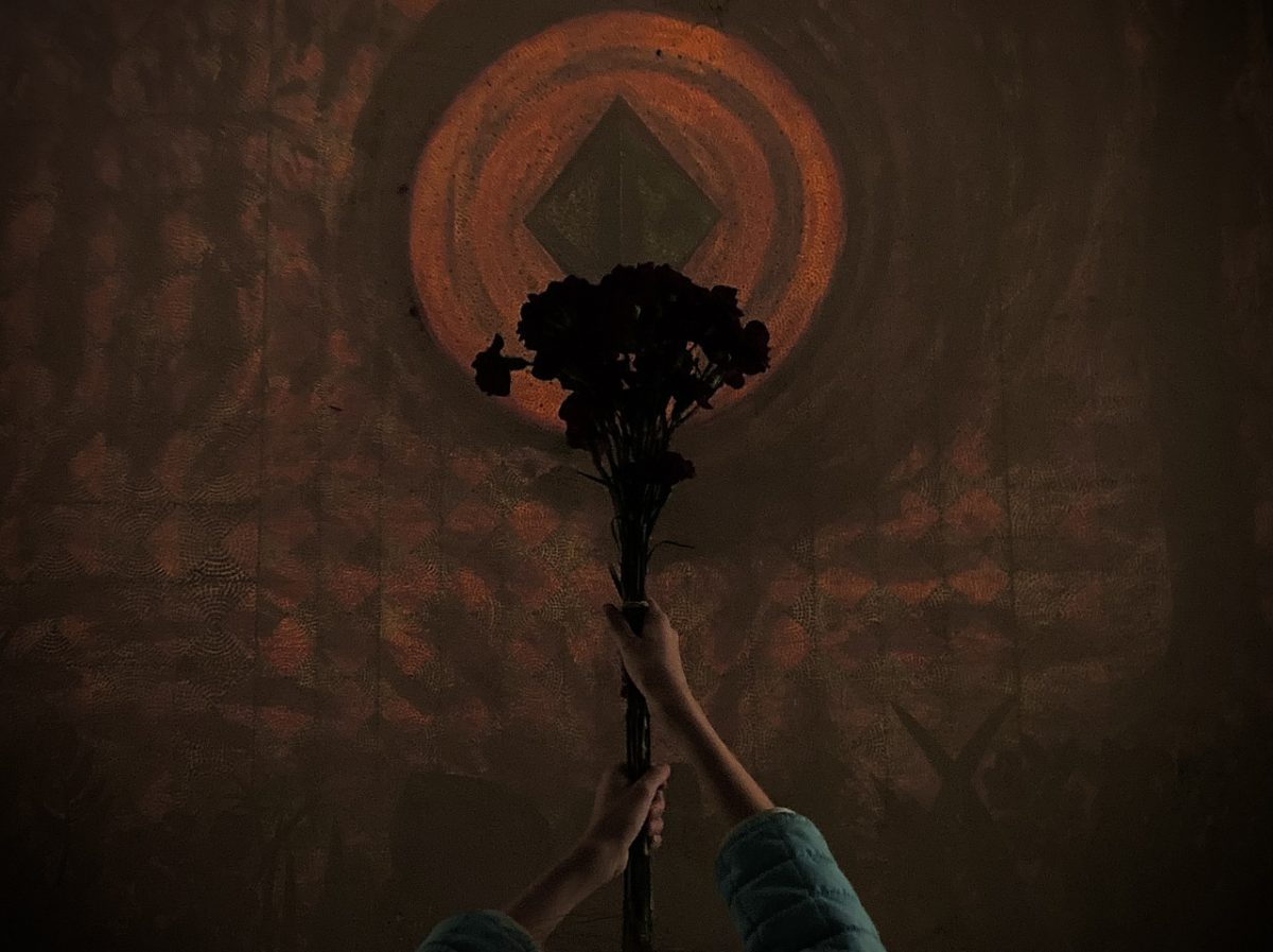 Photograph of hands holding up flowers with tan and orange background