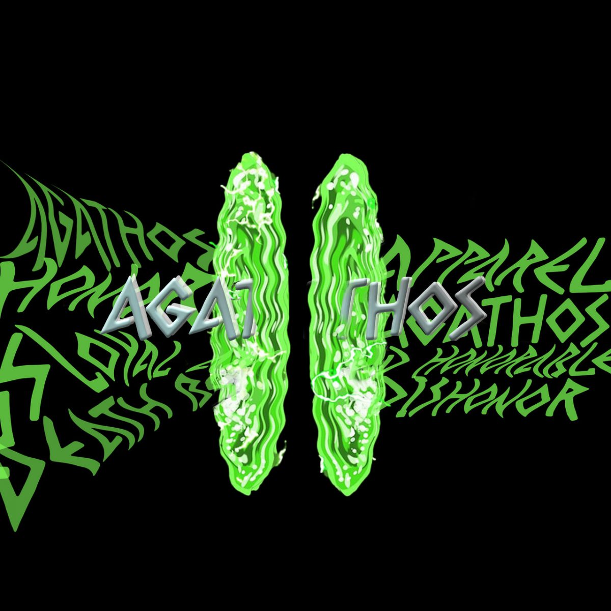 Digital art with green warp and text coming out