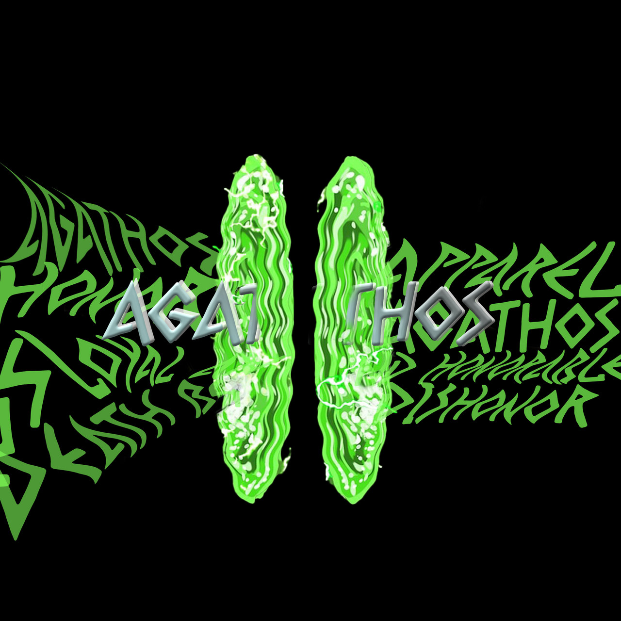 Digital art with green warp and text coming out