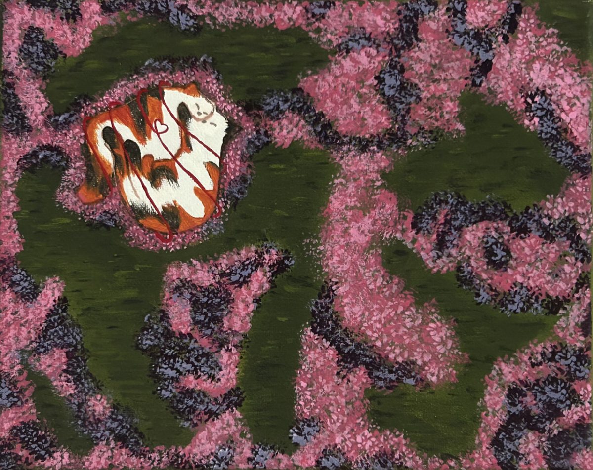 Abstract artwork green pink and red