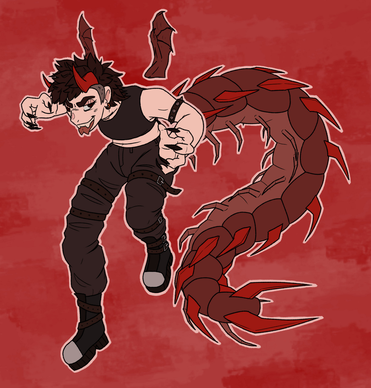 Digital artwork with red background featuring person with tail wings and long nails wearing black crop top and grey pants, boots and leather accessories.