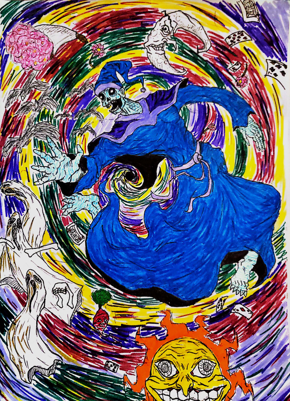 Multi-colored marker drawing of creature in long blue robews and hat surrounded by szwirling colors and other monsters