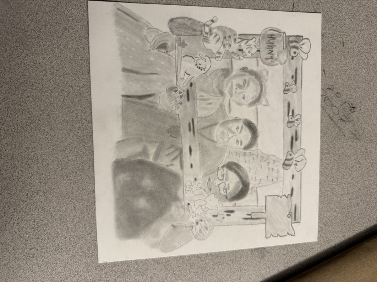 pencil drawing of three people holding up large frame around them with bees on it