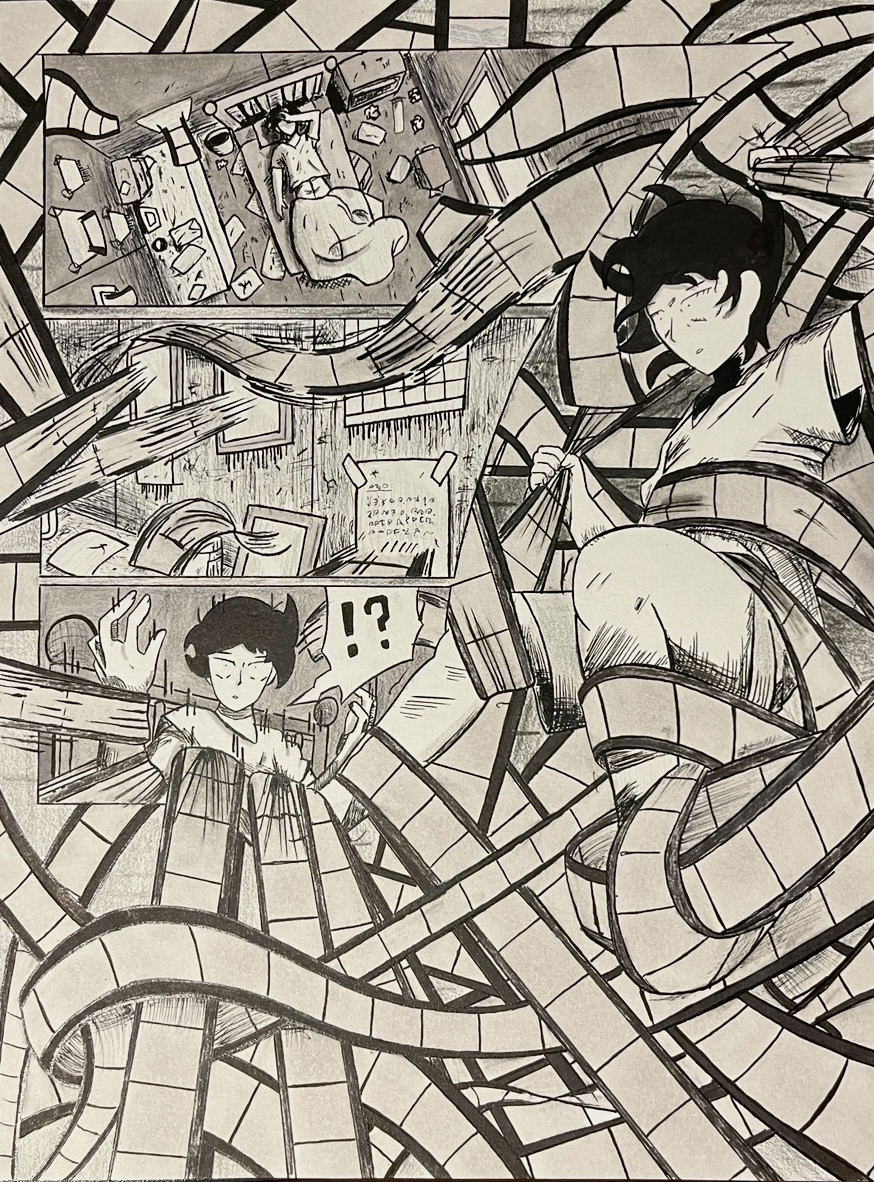 Abstract drawing of anime figures an comic boxes featuring characters and strips of film frantically wrapping through