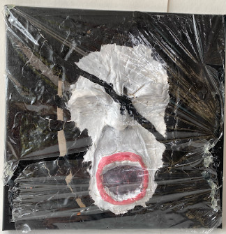 Mixed media artwork with black background of white face with pink lips screaming and plastic over the top