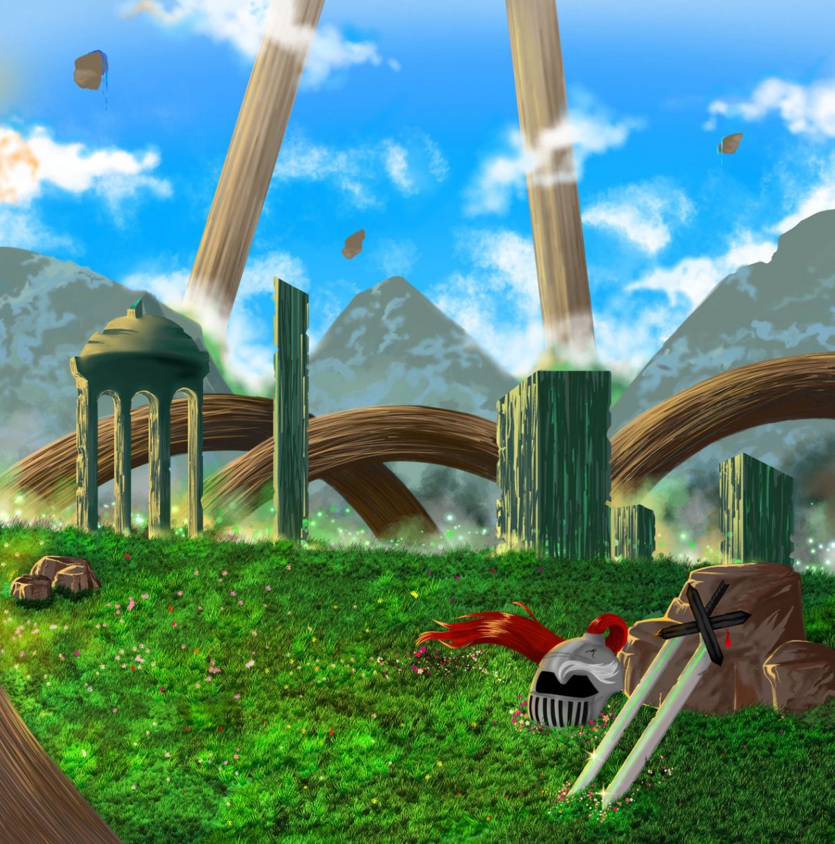 Digital fantasy world artwork with knight sword and helmet in foreground