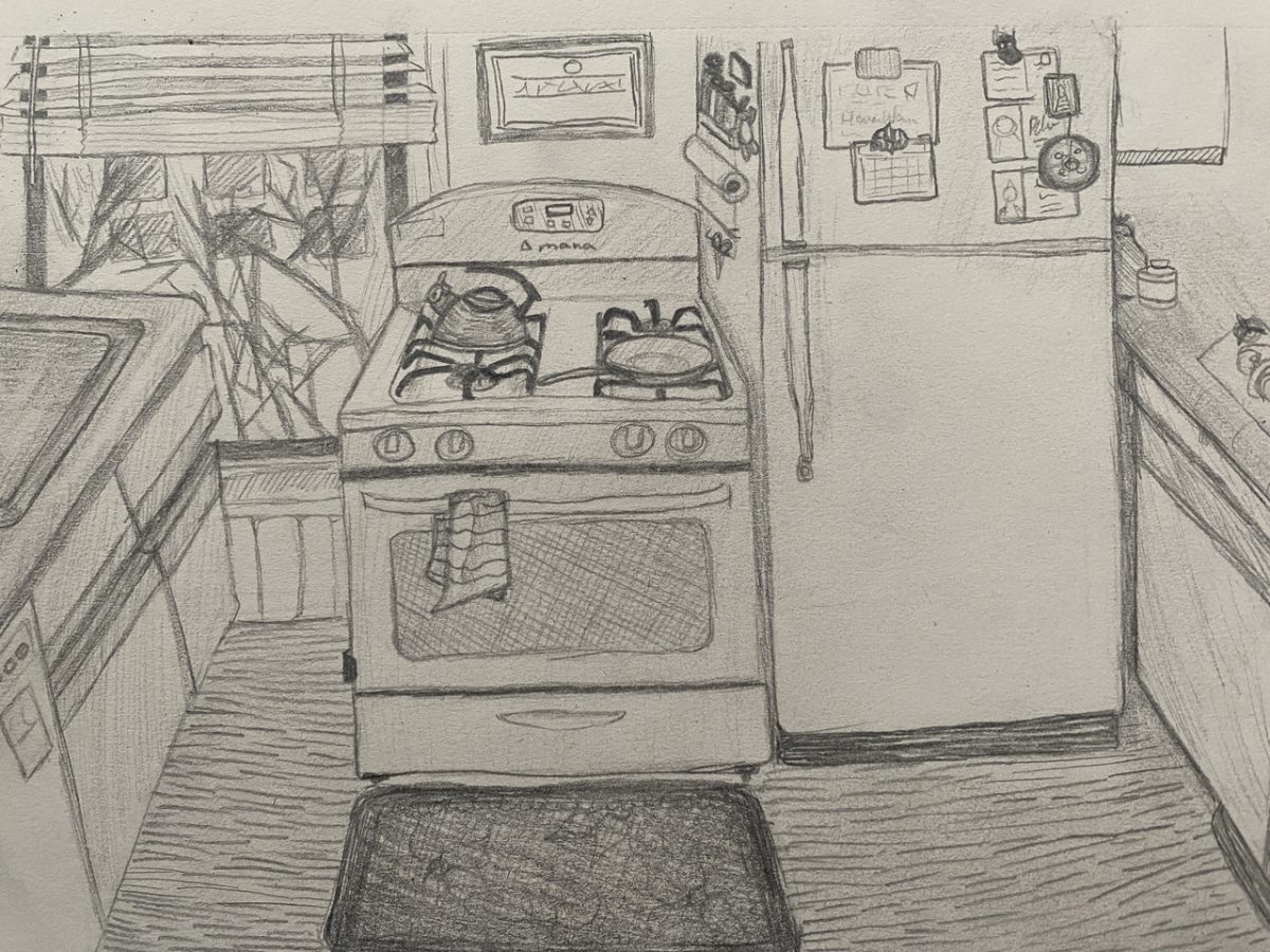 pencil geometric drawing of kitchen with cabinets fridge and oven