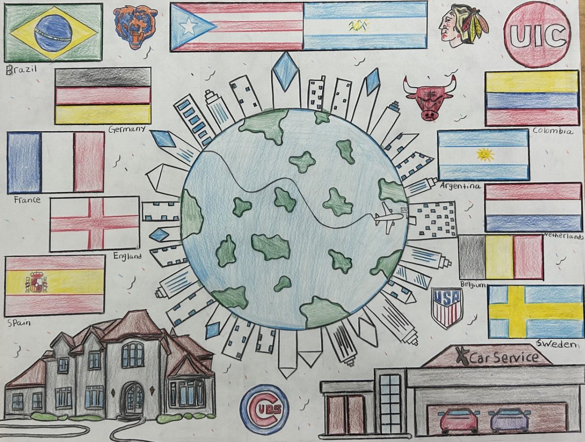 Colored pencil multi-colored drawing with earth in middle surrounded with buildings, with chicago logos and flags surrounding.