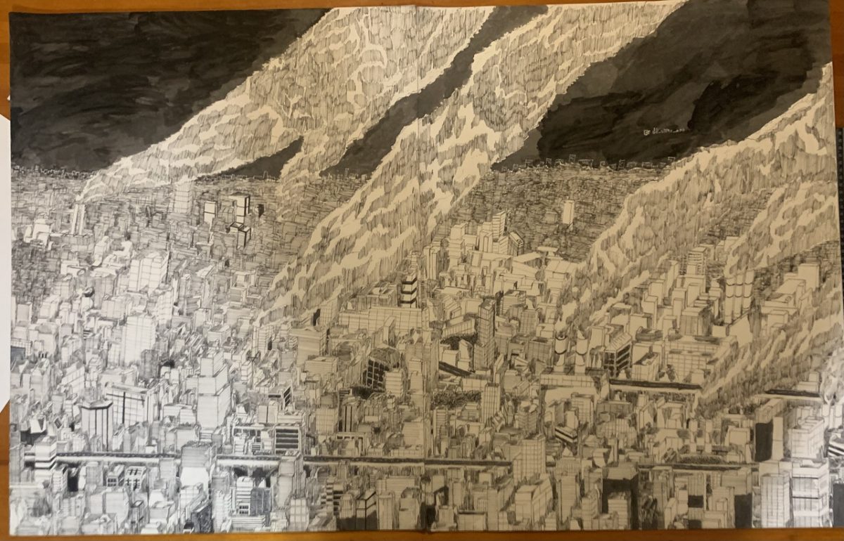 Detailed graphite drawing of city with smoke rising and dark grey background